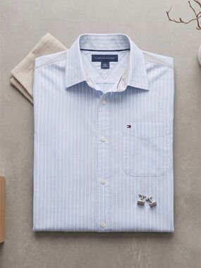 Tommy Hilfiger Mens Custom Fit Striped Dress Shirt Light Blue L Cotton Blend
